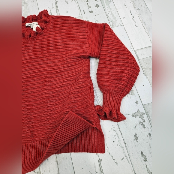 Madewell Womens Cotton Merino Wool Sweater Xsmall Ruffle Neck Red Textured - Picture 11 of 12